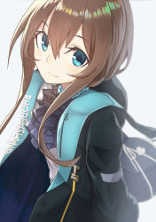 Rule 34 | 1girl, amiya (arknights), arknights, black jacket, blue eyes, blurry, blurry background, blush, brown hair, closed mouth, commentary request, depth of field, female focus, grey background, hair between eyes, highres, jacket, jewelry, long hair, long sleeves, looking at viewer, mag (mag42), neck ring, open clothes, open jacket, shirt, sidelocks, simple background, smile, solo, white shirt