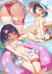 Rule 34 | 1girl, afloat, arm up, ass, bare arms, bare shoulders, beach, bikini, bikini skirt, black hair, blue bow, blush, bow, breasts, bridal garter, cleavage, closed mouth, clothed masturbation, covering own mouth, day, exhibitionism, female masturbation, flower, frills, frown, granblue fantasy, hair flower, hair ornament, hand on headwear, hat, hat bow, hat ornament, innertube, layered skirt, lying, masturbation, medium breasts, miazi, miniskirt, multiple views, navel, neck garter, nose blush, on back, outdoors, pink flower, public indecency, pussy juice, red eyes, scrunchie, sex toy, short hair, sitting, skirt, star (symbol), stomach, striped bikini, striped clothes, sun hat, swim ring, swimsuit, vibrator, vibrator cord, vibrator under clothes, vikala (blooming summer wallflower) (granblue fantasy), vikala (granblue fantasy), water, white skirt, wrist scrunchie, yellow flower