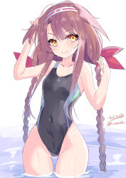 Rule 34 | 1girl, absurdres, ahoge, anchor symbol, asymmetrical bangs, black one-piece swimsuit, braid, breasts, competition swimsuit, covered navel, hair flaps, hair ribbon, hairband, highleg, highleg swimsuit, highres, hizaka, kantai collection, kawakaze (kancolle), kawakaze kai ni (kancolle), long hair, looking at viewer, low twintails, one-hour drawing challenge, one-piece swimsuit, red eyes, red hair, ribbon, sidelocks, small breasts, smile, solo, standing, swimsuit, twin braids, twintails, very long hair, wading, water