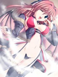 Rule 34 | 1girl, breasts, brown hair, demon girl, demon wings, fangs, fog, game cg, large breasts, navel, one eye closed, pointy ears, shera (succubus soon), skin tight, solo, succubus soon, thighhighs, v, wings, wink