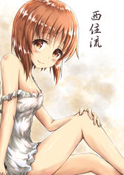 Rule 34 | 10s, 1girl, breasts, brown eyes, brown hair, chemise, cleavage, closed mouth, commentary request, from side, girls und panzer, hand on leg, lingerie, looking at viewer, medium breasts, nishizumi miho, off shoulder, saz (sazin764), short hair, sitting, smile, solo, underwear