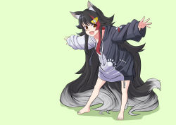 Rule 34 | 1girl, :d, absurdly long hair, absurdres, aged down, animal ear fluff, animal ears, bare legs, barefoot, black hair, fang, full body, highres, hololive, hood, hood down, hoodie, long hair, multicolored hair, ookami mio, ookami mio (casual), open mouth, outstretched arms, oversized clothes, red hair, risian, skin fang, smile, spread arms, streaked hair, tail, very long hair, virtual youtuber, white hair, wolf ears, wolf tail