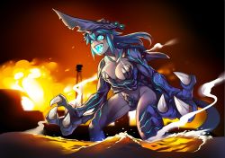 Rule 34 | 1girl, apocalypse, aqua eyes, bioluminescence, black sky, blue hair, body markings, breasts, carapace, claws, cleavage, colored skin, come at me bro, covering privates, covering breasts, embers, explosion, feet out of frame, fewer digits, fins, fire, full body, giant, giant monster, giantess, glowing, glowing eyes, glowing mouth, glowing veins, grey skin, highres, kaijuu, knifehead, large breasts, legendary pictures, long hair, monster, monster girl, muscular, muscular female, neon trim, ocean, open mouth, outdoors, outstretched arms, pacific rim, personification, ryuusei (mark ii), sea monster, sharp teeth, sky, solo, standing, tail, teeth, thighs, wading, water