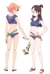 Rule 34 | 2girls, adapted costume, amanda o&#039;neill, ass, bikini, blue bikini, breasts, brown hair, full body, green eyes, hand on own hip, highres, kagari atsuko, little witch academia, looking at viewer, looking back, midriff, multiple girls, navel, orange hair, red eyes, sandals, satochi, short hair, simple background, small breasts, standing, swimsuit, white background