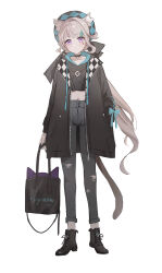 Rule 34 | 1girl, absurdres, alternate costume, animal ears, bag, black choker, black coat, black footwear, black shirt, boots, casual, cat ears, cat girl, cat tail, character name, choker, closed mouth, coat, commentary request, crop top, cross-laced footwear, denim, expressionless, facial mark, full body, genshin impact, grey hair, grey pants, hand in pocket, highres, holding, holding bag, jeans, long hair, long sleeves, looking at viewer, lynette (genshin impact), navel, open clothes, open coat, pants, purple eyes, shirt, simple background, solo, star (symbol), star facial mark, tail, torn clothes, torn jeans, torn pants, very long hair, white background, yukiri (l ii)