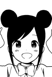 Rule 34 | 1girl, :d, alternate hairstyle, black hair, blush, bow, collared shirt, commentary request, dot nose, double bun, greyscale, hair bun, high contrast, highres, hitori bocchi, hitoribocchi no marumaru seikatsu, katsuwo (cr66g), long hair, looking at viewer, monochrome, open mouth, portrait, school uniform, shirt, simple background, smile, solo, white background