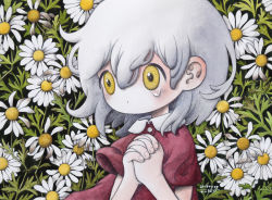 Rule 34 | 1girl, closed mouth, dated, dot mouth, flower, grey hair, leaf, medium hair, no nose, original, own hands clasped, own hands together, red shirt, shirt, short sleeves, signature, solo, tears, upper body, white flower, wind, yellow eyes, zukky000