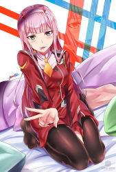 Rule 34 | 10s, 1girl, absurdres, aqua eyes, bed, between legs, black pantyhose, blush, breasts, buttons, darling in the franxx, dress, dutch angle, full body, hairband, hand between legs, highres, horns, kneeling, light blush, long hair, neckerchief, nez-box, pantyhose, pillow, pink hair, red dress, signature, solo, tongue, tongue out, v, zero two (darling in the franxx), zoom layer