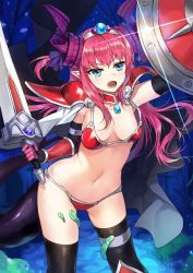 Rule 34 | 10s, 1girl, arm up, armor, bikini, bikini armor, black thighhighs, blue eyes, breasts, cape, commentary request, dragon girl, dragon horns, dragon tail, elizabeth bathory (brave) (fate), elizabeth bathory (fate), fangs, fate/extra, fate/extra ccc, fate (series), gem, gijang, hair ornament, holding, holding shield, holding sword, holding weapon, horns, legs apart, long hair, loose bikini, navel, night, open mouth, outdoors, oversized clothes, pauldrons, pink hair, pointy ears, red armor, red bikini, shield, shoulder armor, small breasts, solo, standing, stomach, swimsuit, sword, tail, tearing up, thighhighs, tree, two side up, weapon, white cape