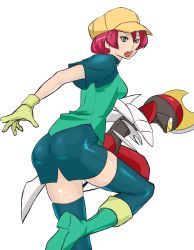 Rule 34 | 1girl, ass, bent over, bisharp, blue choker, boots, cabbie hat, choker, clenched hand, creatures (company), game freak, gen 5 pokemon, georgia (pokemon), gloves, green eyes, green footwear, hair between eyes, hat, highres, leg up, looking to the side, nintendo, open mouth, pencil skirt, poke ball, pokemon, pokemon (anime), pokemon (creature), pokemon bw (anime), red hair, short hair, short sleeves, skirt, teeth, thighhighs, upper teeth only, uya (yurukah), white background, yellow gloves