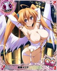 Rule 34 | 1girl, ahoge, angel, angel wings, armpits, arms behind head, breasts, breasts out, card (medium), chess piece, elbow gloves, female focus, garter straps, gloves, high school dxd, highres, large breasts, long hair, looking at viewer, nipples, nude filter, orange hair, panties, purple eyes, rook (chess), shidou irina, smile, solo, third-party edit, topless, torn clothes, twintails, underwear, white panties, white wings, wings