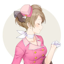 Rule 34 | 1girl, blush, breasts, brown hair, closed eyes, closed mouth, collarbone, gloves, grey background, half gloves, hat, jacket, love live!, love live! school idol festival, love live! school idol project, medium breasts, minami kotori, mini hat, pink hat, pink jacket, profile, ribbon, rio.lw, see-through, solo, tilted headwear, two-tone background, uniform, upper body, white background, white gloves, white ribbon