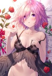 Rule 34 | 1girl, :o, alternate costume, armpit peek, artist name, babydoll, bare arms, bare shoulders, bed sheet, black babydoll, blush, bow, breasts, breasts apart, collarbone, commentary, eyelashes, fate/grand order, fate (series), fingernails, flower, frilled babydoll, frills, gem, groin, hair over one eye, hands up, highres, indoors, jewelry, kuroki (ma-na-tu), lace, lace-trimmed babydoll, lace trim, leaf, lens flare, light, lingerie, looking at viewer, lying, mash kyrielight, medium breasts, midriff, navel, necklace, negligee, nightgown, on back, on bed, pearl (gemstone), pearl necklace, petals, pink hair, purple eyes, red flower, red ribbon, red rose, ribbon, rose, rose petals, see-through, short hair, solo, spaghetti strap, strap slip, underwear, untying, upper body