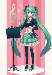Rule 34 | 1girl, conductor baton, bow, bowtie, conductor, frilled thighhighs, frills, green eyes, green hair, hair bow, hatsune miku, high heels, highres, legs, long hair, matching hair/eyes, minari, music stand, musical note, shoes, skirt, smile, solo, thighhighs, twintails, very long hair, vocaloid