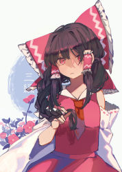 Rule 34 | 1girl, absurdres, alternate hairstyle, bow, braid, detached sleeves, flower, frills, hair bow, hair tubes, hakurei reimu, hand up, highres, holding, holding own hair, long hair, looking at viewer, orange neckwear, red bow, red eyes, red shirt, red skirt, shi chimi, shirt, skirt, solo, touhou, translation request, upper body, white background, wide sleeves