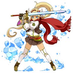 Rule 34 | 1girl, aqua eyes, blonde hair, floating hair, full body, gloves, high ponytail, horns, ice, legs apart, long hair, long sleeves, mota, open mouth, puffy sleeves, scarf, skirt, solo, sword, thighhighs, transparent background, very long hair, weapon, wide stance, wind, wind lift