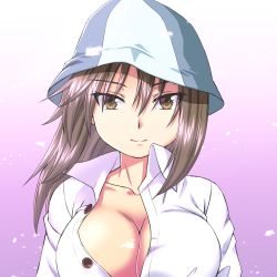Rule 34 | 1girl, beni (bluebluesky), blue hat, breasts, brown eyes, brown hair, cleavage, closed mouth, commentary, dress shirt, girls und panzer, hat, highres, large breasts, long hair, looking at viewer, mika (girls und panzer), partially unbuttoned, purple background, shirt, simple background, smile, solo, tulip hat, upper body, white background, white shirt, wind, wing collar
