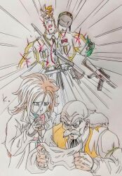 Rule 34 | 1girl, 2boys, android 16, android 21, armband, assault rifle, bald, brown hair, colored pencil (medium), death, dr. gero (dragon ball), dragon ball, dragon ball fighterz, dragonball z, earrings, emphasis lines, facial hair, father and son, grey hair, gun, unworn headwear, helmet, unworn helmet, highres, holding, holding paper, hoop earrings, impaled, jewelry, kakeru (dbskakeru), lab coat, mother and son, multiple boys, mustache, old, old man, open mouth, orange hair, own hands clasped, own hands together, paper, rifle, signature, sweatdrop, traditional media, weapon