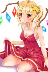 Rule 34 | 1girl, alternate costume, bangle, bare arms, bare shoulders, blonde hair, blush, bracelet, breasts, cleavage, collarbone, commentary request, crystal, dress, flandre scarlet, flower, fujiko (emnprmn), hair between eyes, hair flower, hair ornament, highres, jewelry, long hair, looking at viewer, medium breasts, no headwear, red dress, red eyes, shadow, side ponytail, sidelocks, simple background, sitting, skirt hold, smile, solo, spaghetti strap, thighs, touhou, wariza, white background, wings, yellow flower