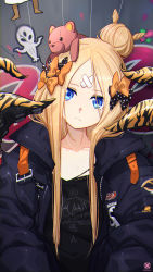 Rule 34 | 1girl, abigail williams (fate), abigail williams (traveling outfit) (fate), animal print, black bow, black jacket, black shirt, blonde hair, blue eyes, bow, closed mouth, clothes writing, collarbone, commentary request, crossed bandaids, english text, eyes visible through hair, fate/grand order, fate (series), hair bow, hair bun, head tilt, highres, jacket, long hair, long sleeves, mahousho, hugging object, official alternate costume, orange bow, parted bangs, polka dot, polka dot bow, print shirt, profanity, shirt, single hair bun, sleeves past fingers, sleeves past wrists, solo, stuffed animal, stuffed toy, suction cups, teddy bear, tentacles, tiger print, translation request, when you see it