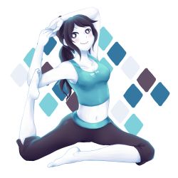 Rule 34 | 1girl, barefoot, blush, feet, flexible, grey hair, harlequin (pattern), looking at viewer, midriff, navel, nintendo, pale skin, smile, solo, stomach, stretching, tank top, tejennn, wii fit, wii fit trainer, wii fit trainer (female), yoga