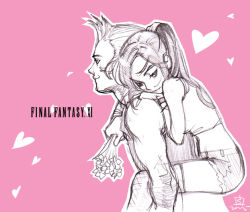 Rule 34 | 00s, 1boy, 1girl, elf, elvaan, final fantasy, final fantasy xi, hume, kapolo systems, monochrome, pink background, pink theme, pointy ears, sketch