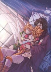 Rule 34 | 1boy, 2girls, animal ears, bed, black hair, cat, cat ears, cat girl, cat tail, closed eyes, closed mouth, collar, commission, commissioner upload, cuddling, facepaint, fire emblem, fire emblem: path of radiance, fire emblem: radiant dawn, highres, lethe (fire emblem), lying, lying on person, lyre (fire emblem), multiple girls, nintendo, on bed, orange hair, siblings, sisters, sleeping, sleeping on person, soren (fire emblem), tail, thetinynightingale, window
