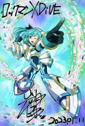 1girl android armor blue_eyes blue_hair clenched_hand dated looking_at_viewer mega_man_(series) mega_man_x_(series) mega_man_x_dive official_alternate_costume one_eye_closed open_mouth outstretched_arm pointing rico_(mega_man) side_ponytail solo werou