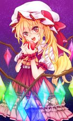 Rule 34 | 1girl, apple, ascot, blonde hair, blush, bow, dress, female focus, flandre scarlet, food, fruit, glowing, glowing wings, hat, hat bow, highres, looking at viewer, mob cap, open mouth, puffy sleeves, red dress, red eyes, rimu (kingyo origin), shirt, short sleeves, side ponytail, smile, solo, touhou, wings, wrist cuffs