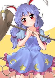 Rule 34 | 1girl, :o, ambiguous red liquid, animal ears, blue dress, blue hair, blush, cowboy shot, crescent, dress, earclip, head tilt, highres, kine, long hair, looking at viewer, mallet, oshiaki, puffy short sleeves, puffy sleeves, rabbit ears, red eyes, seiran (touhou), short sleeves, solo, star (symbol), touhou