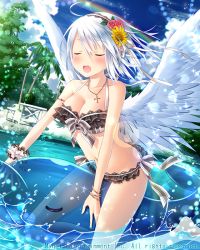 Rule 34 | 1girl, angel wings, bikini, black bikini, blush, bracelet, breasts, cleavage, closed eyes, cross, cross necklace, falkyrie no monshou, flower, hair flower, hair ornament, hairband, inflatable toy, inflatable whale, jewelry, large breasts, looking at viewer, natsumekinoko, navel, necklace, official art, open mouth, short hair, silver hair, sitting, sunflower, sunflower hair ornament, sweatdrop, swimsuit, wings