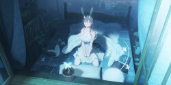 Rule 34 | 1girl, absurdres, animal ears, bed, bed sheet, bird, book, breasts, brown hair, cleavage, flower, highres, large breasts, long hair, moonlight, night, nightgown, original, parted lips, plant, potted plant, rabbit ears, rabbit girl, seiza, sitting, slippers, solo, strap slip, table, window, wooden chair, yao ren gui