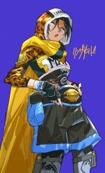 Rule 34 | 1girl, animal print, animification, apex legends, bad id, bad twitter id, black hair, black pantyhose, black shorts, blue background, blue eyes, breasts, championship belt, fingerless gloves, gloves, highres, hood, hood up, leopard print, looking to the side, medium breasts, official alternate costume, open mouth, pantyhose, ringside wraith, scarf, shorts, solo, thigh strap, thundergotch, wraith (apex legends), yellow scarf