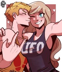 Rule 34 | 1boy, 1girl, \m/, alternate hairstyle, aqua eyes, arm around shoulder, arm up, bare arms, blonde hair, blush, breasts, closed eyes, closed mouth, collarbone, couple, facing another, facing viewer, hair down, hand on shoulder, hand up, happy, heart, hetero, highres, hug, large breasts, leaning in, long hair, looking at viewer, one-armed hug, one eye closed, outstretched arm, parted lips, persona, persona 5, sakamoto ryuuji, selfie, short hair, sleeveless, smile, takamaki anne, tank top, teeth, upper body, wink