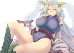 Rule 34 | 1girl, breasts, dragon girl, eyes visible through hair, finger to mouth, giant, giantess, grey hair, hagoromo, hair between eyes, half-closed eyes, huge breasts, leaning back, leotard, long hair, long sleeves, looking at viewer, original, ribbon, ribbon-trimmed sleeves, ribbon trim, scales, seductive smile, see-through, shawl, simple background, sitting, slit pupils, smile, solo, taut leotard, thighs, torii, utopia, very long hair, white background, wide sleeves, yellow eyes