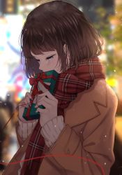 Rule 34 | 1girl, blue eyes, blue nails, blurry, blurry background, blush, brown coat, brown hair, buttoned cuffs, buttons, coat, commentary request, covering own mouth, crying, crying with eyes open, gift, highres, holding, holding gift, nail polish, original, red ribbon, red scarf, ribbon, saitou (lynx-shrike), scarf, short hair, sweater, tears, white sweater