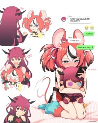 Rule 34 | absurdres, animal ears, black hair, blue eyes, blush, cellphone, character doll, collar, english text, hair ornament, hakos baelz, heterochromia, highres, hololive, hololive english, horns, irys (hololive), long hair, mouse ears, mouse girl, mouse tail, multicolored hair, multiple girls, namiorii, phone, pointy ears, purple eyes, purple hair, red hair, smartphone, spiked collar, spikes, streaked hair, tail, text messaging, tsundere, twintails, virtual youtuber, white hair, yuri
