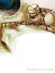 Rule 34 | 1girl, bed, crack, crushing, damaged, death, dying, earth (planet), english text, mana291, original, robot, smile, space, window