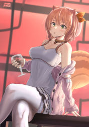 Rule 34 | 1girl, acorn, animal ear fluff, animal ears, ayunda risu, ayunda risu (1st costume), breasts, brown choker, choker, cleavage, collarbone, commentary, crossed legs, cup, dress, drinking glass, eating, english commentary, fur choker, highres, holding, holding cup, hololive, hololive indonesia, hood, hoodie, low twintails, medium breasts, medium hair, nyaxxy, off shoulder, pink hoodie, puffy cheeks, solo, squirrel ears, squirrel girl, squirrel tail, tail, thighhighs, twintails, virtual youtuber, white dress, white thighhighs, wine glass