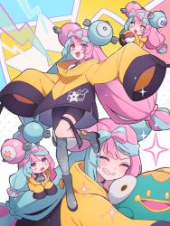 Rule 34 | 1girl, black pantyhose, black shorts, blue hair, blush, character hair ornament, chibi, closed eyes, commentary request, creatures (company), double bun, game freak, grin, gym leader, hair bun, hair ornament, highres, hug, iono (pokemon), jacket, long hair, looking at viewer, low-tied long hair, m1stm1, multicolored hair, multiple views, nintendo, open mouth, oversized clothes, pantyhose, pink hair, poke ball, poke ball (basic), pokemon, pokemon sv, purple eyes, sharp teeth, shorts, single leg pantyhose, sleeves past fingers, sleeves past wrists, smile, split-color hair, teeth, two-tone hair, wide sleeves, yellow jacket
