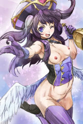 Rule 34 | 1girl, bad id, bad pixiv id, bare shoulders, bell, blush, bottomless, breastless clothes, breasts, colored pubic hair, female pubic hair, foreshortening, gloves, gradient background, hat, looking at viewer, low wings, lumiel (p&amp;d), navel, nipples, one eye closed, open mouth, pubic hair, purple eyes, purple gloves, purple hair, purple thighhighs, puzzle &amp; dragons, small breasts, smile, solo, thighhighs, two side up, wings, yohane