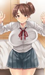 Rule 34 | 1girl, against glass, bed, blush, breast press, breasts, brown eyes, brown hair, dress shirt, female focus, frown, inaho, large breasts, looking at viewer, original, pleated skirt, school uniform, shirt, short hair, side ponytail, skirt, solo, sweat, thighs