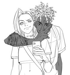 Rule 34 | 1boy, 1girl, arm around neck, arm tattoo, closed mouth, commentary request, crop top, dark-skinned male, dark skin, dreadlocks, ekko (league of legends), firelight ekko, freckles, greyscale, highres, holding, holding phone, jinx (league of legends), league of legends, looking at viewer, monochrome, mush820823, navel, official alternate hairstyle, phone, shirt, short sleeves, smile, tattoo, upper body, v