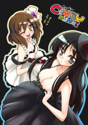 Rule 34 | 00s, 2girls, akiyama mio, alphy, black eyes, black hair, breasts, brown eyes, brown hair, cleavage, don&#039;t say &quot;lazy&quot;, dress, from above, hat, hirasawa yui, k-on!, large breasts, long hair, medium breasts, mini hat, mini top hat, multiple girls, one eye closed, short hair, top hat, wink