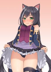 Rule 34 | 1girl, animal ear fluff, animal ears, bad id, bad pixiv id, bare shoulders, black hair, black panties, blue sleeves, blush, breasts, brown background, canape (canape0130), cat ears, cat girl, cat tail, closed mouth, clothes lift, commentary request, detached sleeves, frilled skirt, frills, gradient background, green eyes, karyl (princess connect!), lifting own clothes, long hair, long sleeves, looking at viewer, low twintails, medium breasts, multicolored hair, nose blush, panties, princess connect!, purple skirt, skirt, skirt lift, sleeveless, sleeves past wrists, solo, streaked hair, tail, twintails, underwear, very long hair, white background, white hair