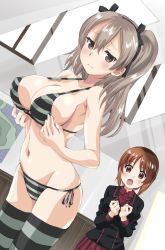 Rule 34 | 2girls, aged up, alternate breast size, asuka keisuke, bikini, black ribbon, blush, breasts, brown eyes, brown hair, closed mouth, commentary request, embarrassed, girls und panzer, hair between eyes, hair ribbon, highres, kuromorimine military uniform, large breasts, long hair, looking at another, looking at viewer, military, military uniform, multiple girls, navel, nishizumi miho, open mouth, ribbon, shimada arisu, short hair, side-tie bikini bottom, standing, striped bikini, striped clothes, striped legwear, striped thighhighs, swimsuit, thighhighs, uniform, wavy mouth