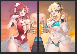 Rule 34 | 1boy, 2girls, :o, akino (princess connect!), akino (summer) (princess connect!), aqua bikini, bare shoulders, bikini, black bikini, black bow, blonde hair, blue eyes, blush, bow, breast press, breasts, cleavage, collarbone, covered navel, drink, elf, flower, green bikini, hair bow, hair flower, hair ornament, hair ribbon, highleg, highleg swimsuit, highres, jewelry, large breasts, layered bikini, long hair, multiple girls, multiple views, navel, necklace, one-piece swimsuit, open clothes, open mouth, open shirt, parted bangs, pointy ears, ponytail, princess connect!, purple eyes, red hair, red one-piece swimsuit, reflection, ribbon, saren (princess connect!), saren (summer) (princess connect!), see-through, shirt, sidelocks, smile, swimsuit, thighs, white shirt, xiujia yihuizi
