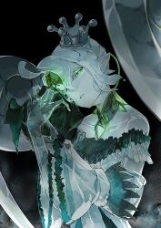 Rule 34 | 1girl, bare shoulders, collar, crown, detached sleeves, dress, duel monster, durun, forehead jewel, golem, green eyes, highres, holding limb, icejade aegirine, icejade gymir aegirine, long sleeves, mini crown, off-shoulder dress, off shoulder, see-through, severed head, solo, upper body, wide sleeves, yu-gi-oh!