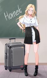 Rule 34 | 1girl, alternate costume, bespectacled, black footwear, black skirt, blonde hair, boots, breasts, chalkboard, glasses, grey eyes, high-waist skirt, highres, hornet (kancolle), kantai collection, komb, large breasts, long hair, luggage, pleated skirt, rolling suitcase, semi-rimless eyewear, shirt, short sleeves, skirt, solo, standing, suitcase, white shirt