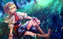 Rule 34 | 1girl, alice margatroid, bad id, bad twitter id, blonde hair, blue dress, blue eyes, boots, capelet, cross-laced footwear, dress, dutch angle, eredhen, forest, full body, hairband, lace-up boots, looking at viewer, nature, on grass, open mouth, puffy sleeves, ribbon, sash, short hair, short sleeves, sitting, smile, solo, touhou, wrist cuffs
